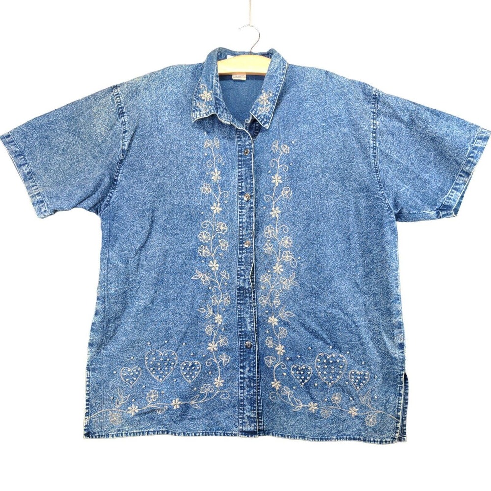 Club Z Denim Button Up Shirt Womens Plus 22-24 Blue Embellished Shoulder Pads